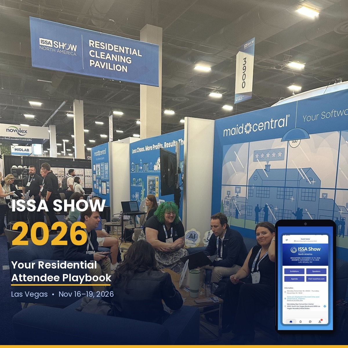 ISSA Show North America 2026 Residential Cleaning Pavilion — convention floor networking scene with the official ISSA Show app displayed on a phone