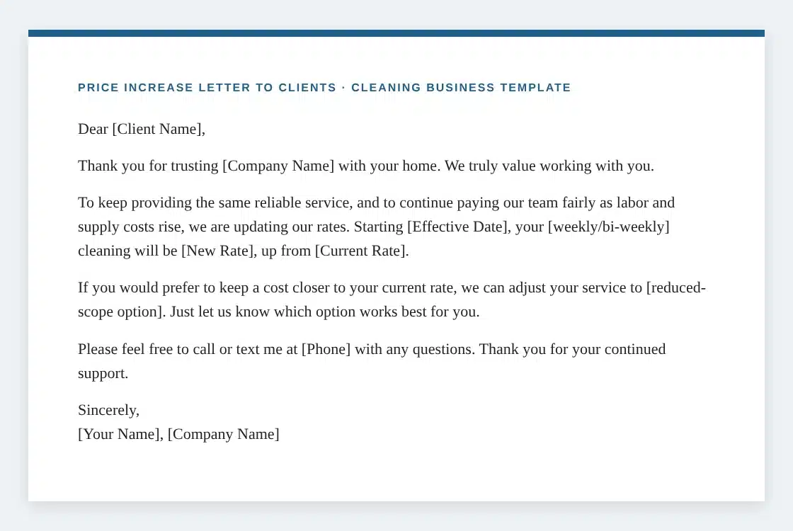 Price increase letter to clients template for a cleaning business, with the new rate, effective date and a reduced-scope option